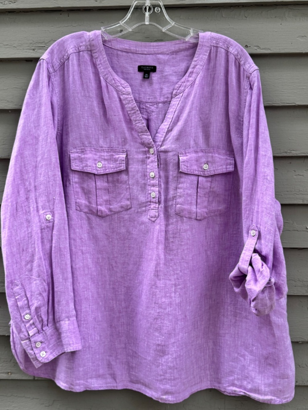 Talbots Women's 100% Linen Popover Shirt Lavender Button Neck Roll Slv Sz 3xP